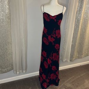 Red and Black Floral Print Evening Gown with Rhinestone Detail
